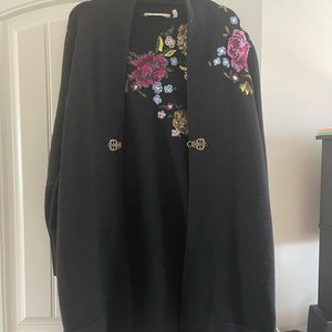 Soft Surroundings Womens Black Embroidered Floral Long Cardigan Sweater